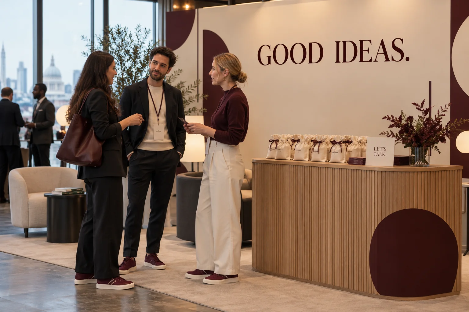 A contemporary conference booth with coordinated purple details and a welcoming reception area.