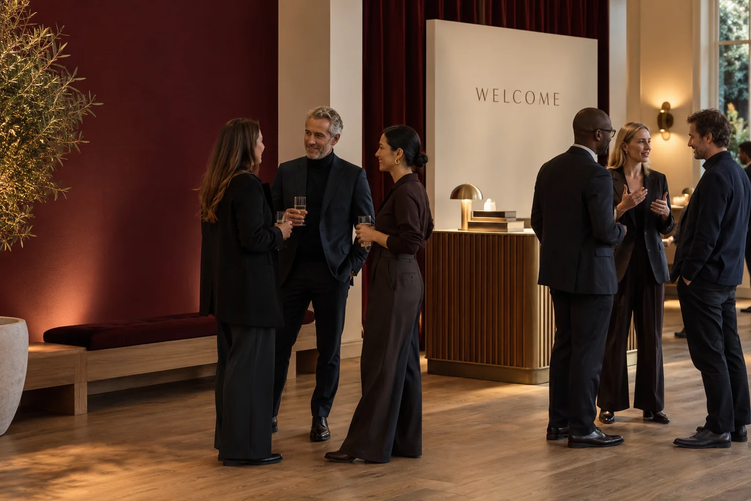 A small professional reception in a warm contemporary setting.